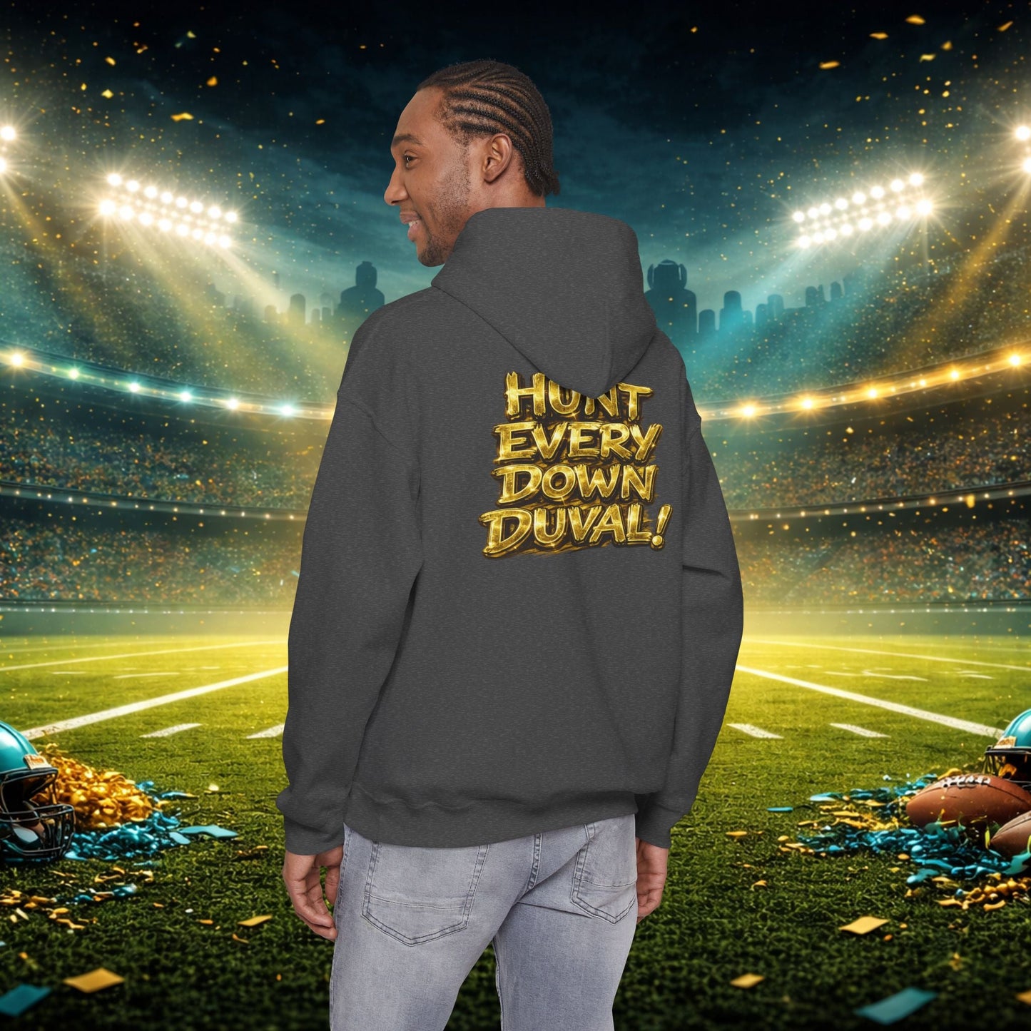 DUUUVAL Football Hoodie – "Locked In, Hunt Every Down" Team Pride Sweatshirt Printify