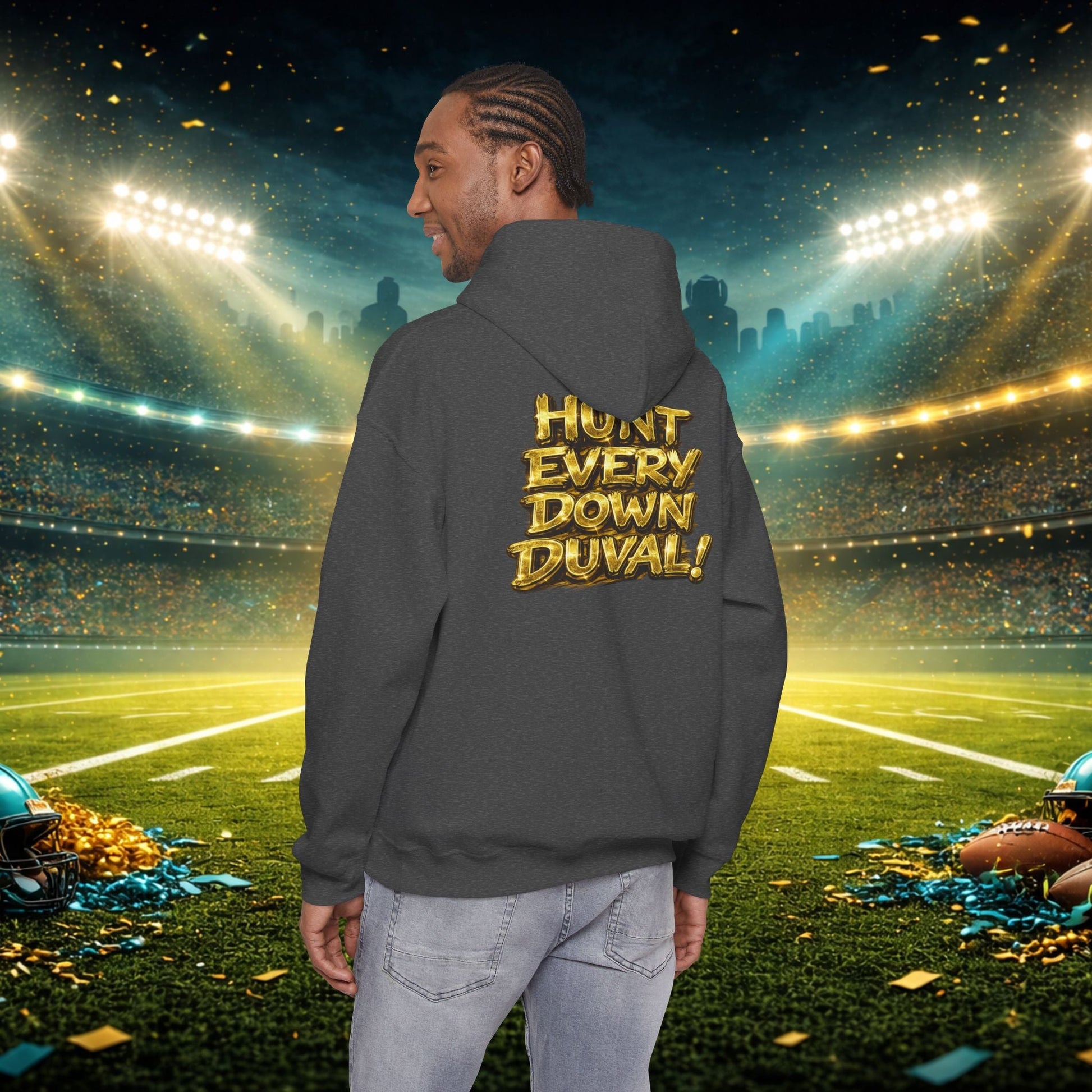 DUUUVAL Football Hoodie – "Locked In, Hunt Every Down" Team Pride Sweatshirt Printify