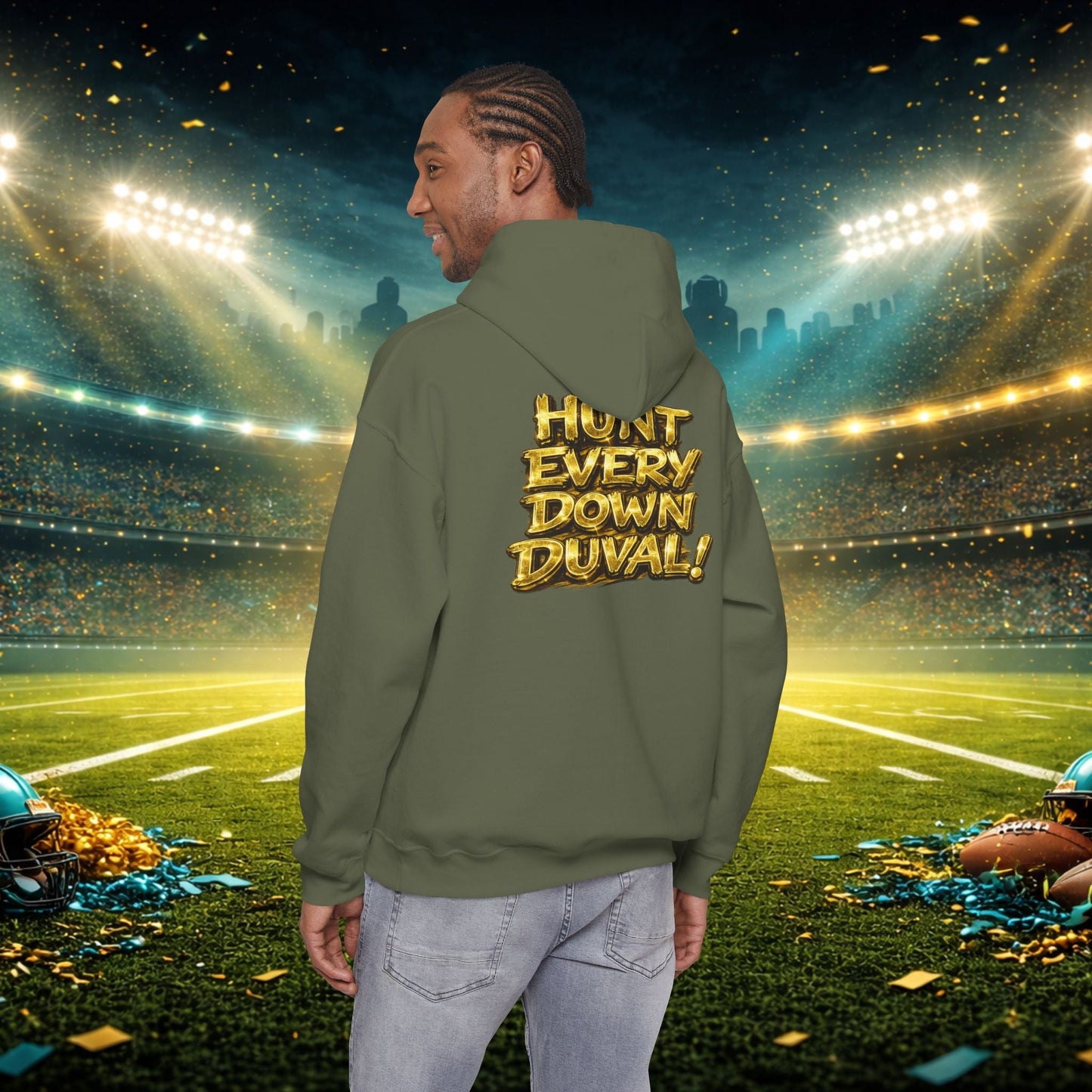 DUUUVAL Football Hoodie – "Locked In, Hunt Every Down" Team Pride Sweatshirt Printify