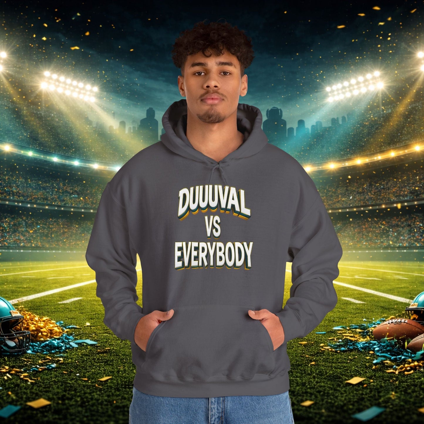 Defend The Bank Hoodie — "DUUUVAL vs EVERYBODY" Jacksonville Streetwear Hoodie Printify