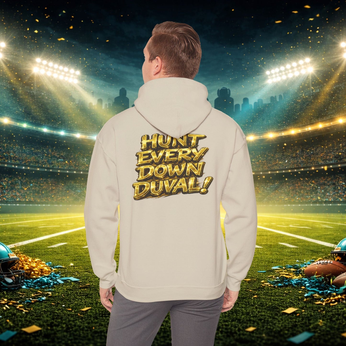 DUUUVAL Football Hoodie – "Locked In, Hunt Every Down" Team Pride Sweatshirt Printify