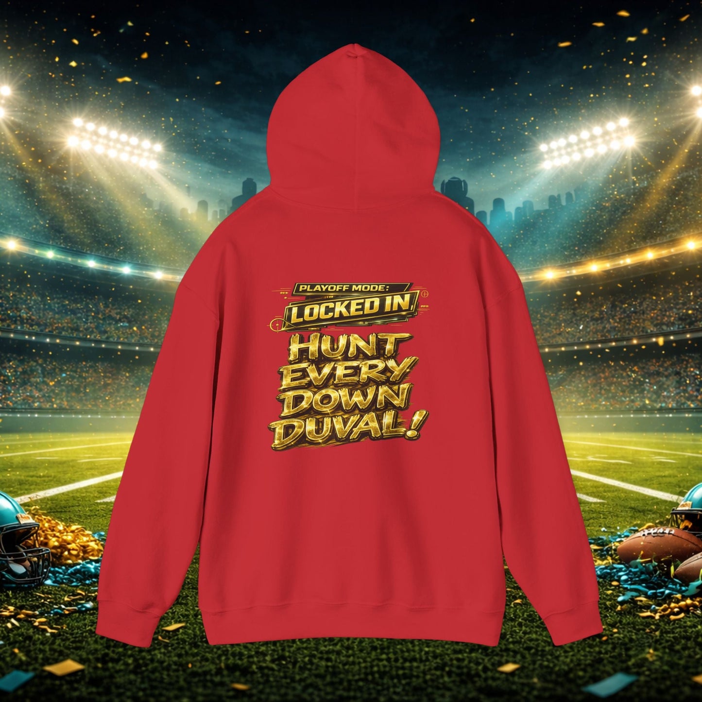DUUUVAL Football Hoodie – "Locked In, Hunt Every Down" Team Pride Sweatshirt Printify