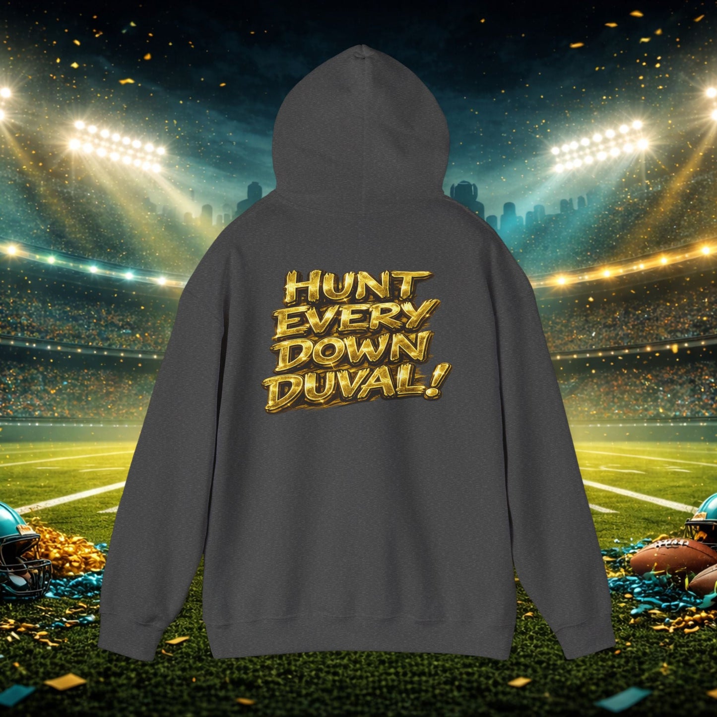 DUUUVAL Football Hoodie – "Locked In, Hunt Every Down" Team Pride Sweatshirt Printify