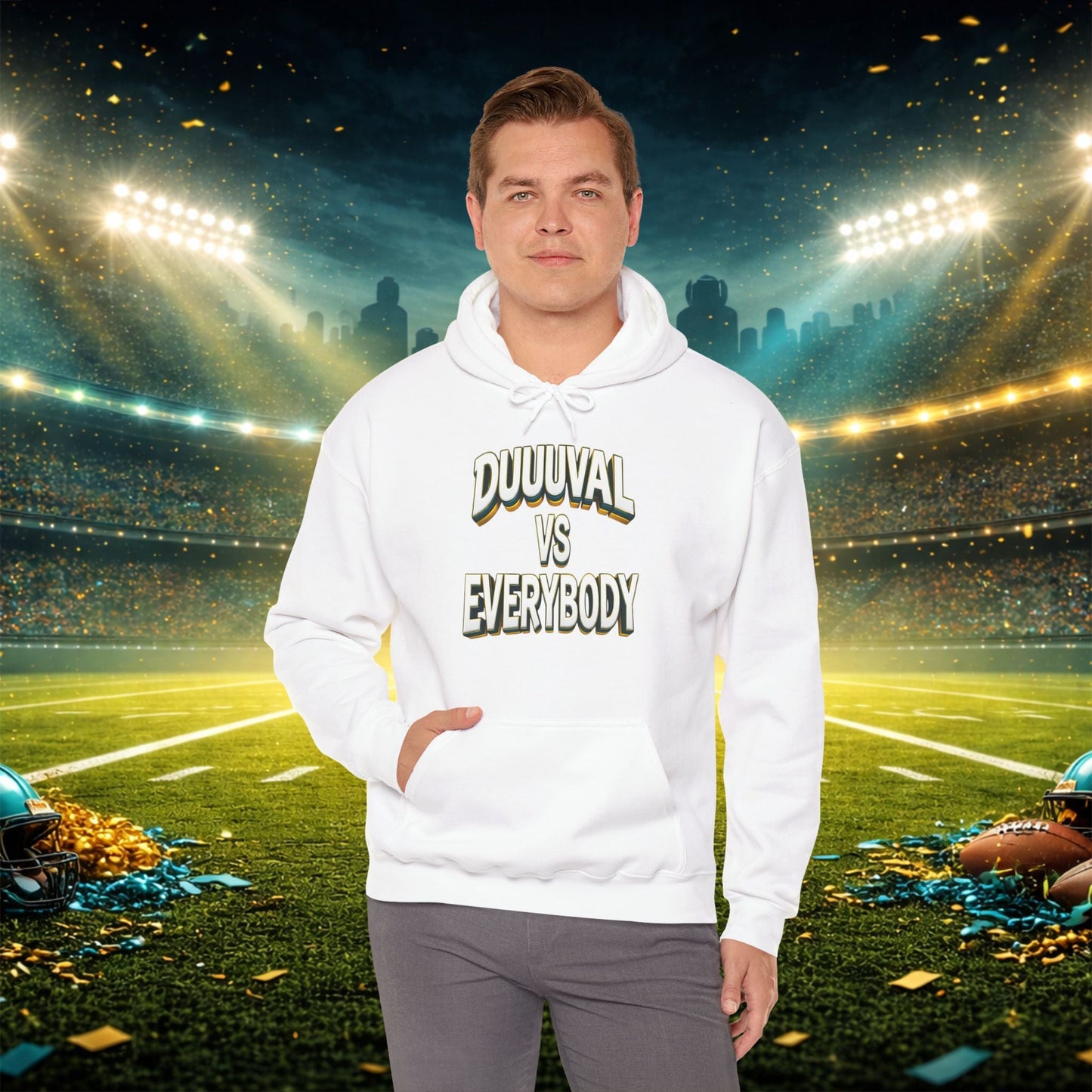 Defend The Bank Hoodie — "DUUUVAL vs EVERYBODY" Jacksonville Streetwear Hoodie Printify