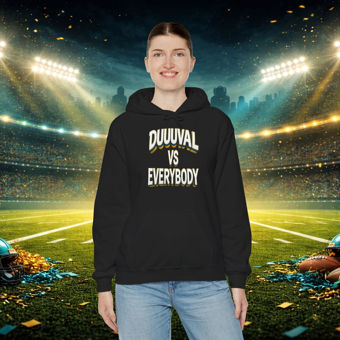Defend The Bank Hoodie — "DUUUVAL vs EVERYBODY" Jacksonville Streetwear Hoodie Printify