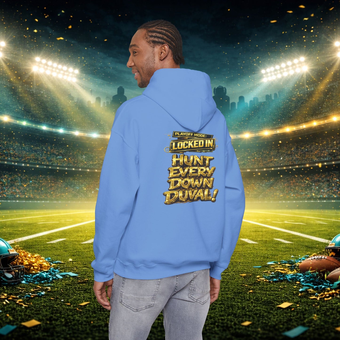 DUUUVAL Football Hoodie – "Locked In, Hunt Every Down" Team Pride Sweatshirt Printify