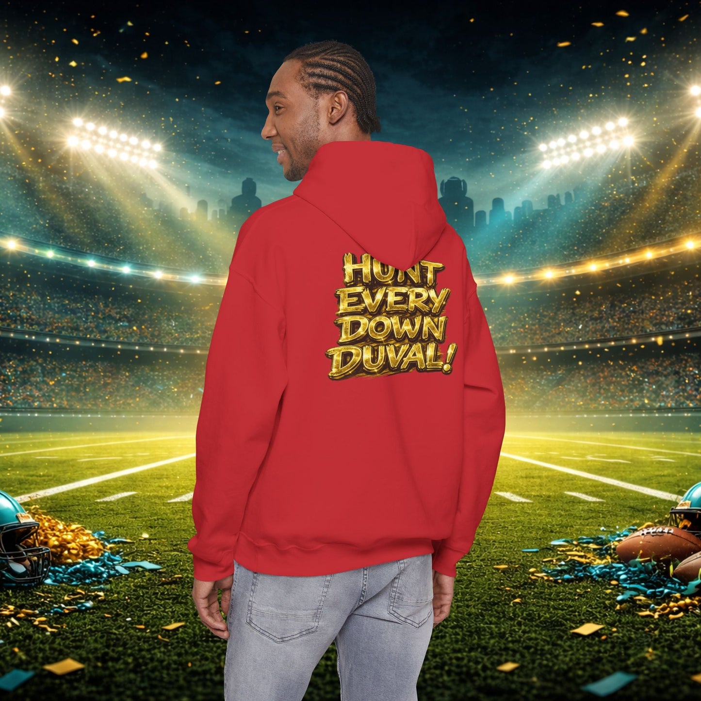 DUUUVAL Football Hoodie – "Locked In, Hunt Every Down" Team Pride Sweatshirt Printify