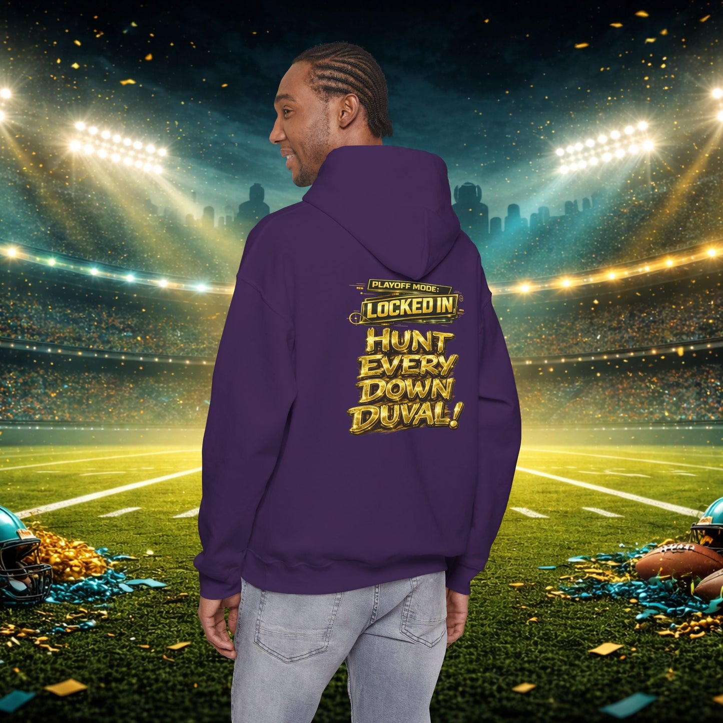 DUUUVAL Football Hoodie – "Locked In, Hunt Every Down" Team Pride Sweatshirt Printify
